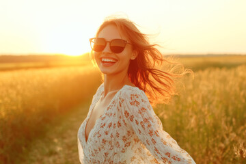 A joyful and happy woman in black sunglasses, wearing a summer dress, is photographed in motion outdoors in the rays of the setting sun