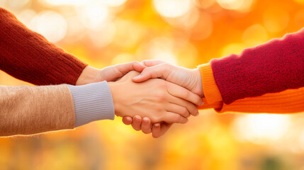 A close-up of a group of people's hands clasped together in a display of unity and support, with the background softly blurred in warm autumn colors. The hands, representing differ
