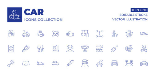 Car icons collection. Thin Line icons, editable stroke. piston, spark plug, windshield, drive, sport car, car, car check, car key, car insurance, car lifter, car repair, controller