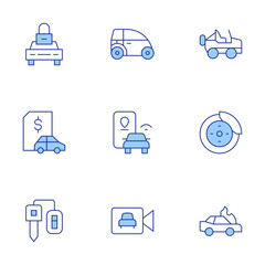 Car icons set. Line Duotone style, editable stroke. brake disc, car key, fire, car, location pin, car loan, locked car, security camera, suv car