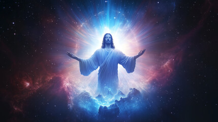 A majestic image of a beautiful god floating above a cosmic canvas, their hands outstretched as they create a wondrous world. The god's ethereal beauty is highlighted by a glowing