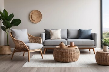 Modern Living Room with Rattan Furniture and Neutral Decor