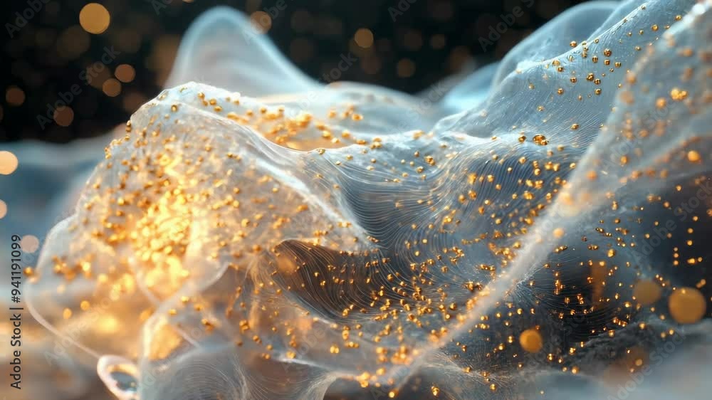 Poster golden droplets floating in a clear liquid with a smooth, dynamic flow