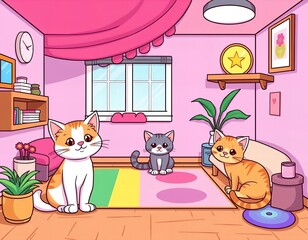 cartoon cats in a pink room with a cat on a rug.