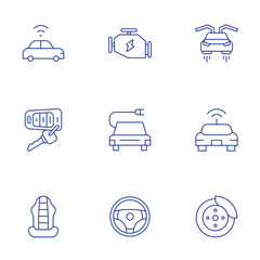 Car icons set. Thin Line style, editable stroke. seat, car engine, flying car, brake disc, autonomous car, electric car, car key, steering wheel