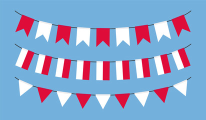 Poland flags garland hanging buntings for Independence Day celebration. Polish flags on ropes isolated on blue background. Vector illustration.