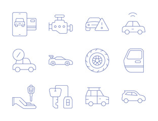 Car icons. Thin Line style, editable stroke. sport car, car loan, payment, smart car, hand, car door, wheel, hatchback, car engine, car key, car