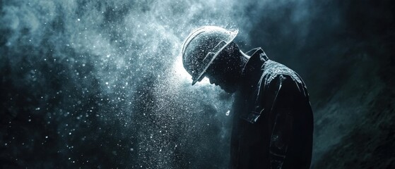 Miner emerging from dark tunnel face covered in dust bright light at the exit capturing resilience and hard work underground