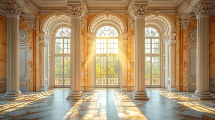 Fototapeta premium grandiose room with towering marble columns massive arched window ornate details soft natural light streaming in luxurious classical interior