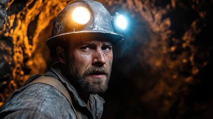 Miner carving tunnel with precision and strength focused expression sweat glistening in dim light rugged underground environment