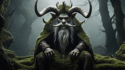 Naklejka premium Ancient moss-covered throne with a mystical figure sitting in a forest, emitting a magical atmosphere.