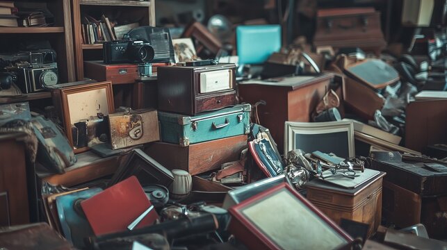 Old antiques and retro collectibles memorabilia dumped in a huge pile. Garage sale, attic room storage conceptual still life or disposal and recycling of outdated objects. Vintage style filtered photo