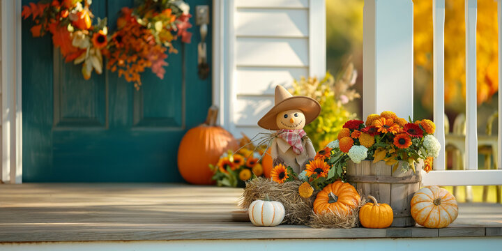 Cozy fall house featuring a front door and porch adorned with a festive autumn wreath, flower pots, and pumpkins