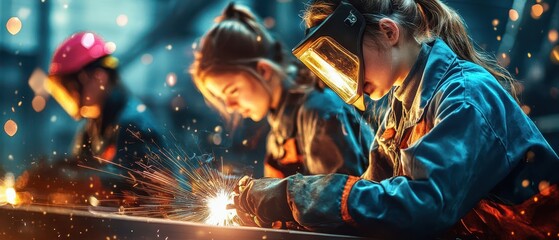 Empowered girls welding metal in a factory, challenging gender stereotypes in heavy industries, strong female labor