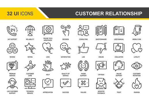 Vector set of customer relationship management flat line web icons. Each icon with adjustable strokes neatly designed on pixel perfect 48X48 size grid. Fully editable and easy to use.