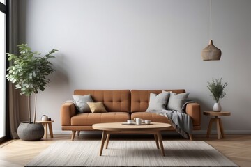 Modern Living Room with Brown Sofa, Wooden Coffee Table and Area Rug