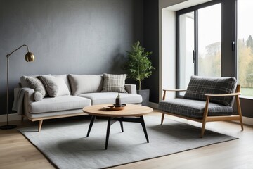 Modern Living Room with Gray Sofa, Armchair, and Coffee Table