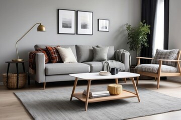 Modern Living Room with Gray Sofa, Coffee Table, and Armchair