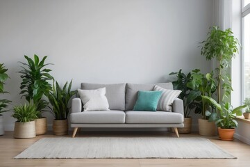 Grey Sofa with Cushions and Plants in a Modern Living Room