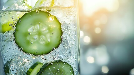 Refreshing Cucumber Infused Sparkling Water with Ice Cubes and Bubbles - Hyperrealistic Macro Shot