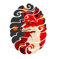 Tattoo design, tiger, wolf, fox face. Color illustration, shoulder, thigh, etc. work size