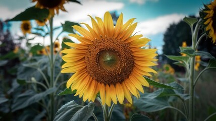 A close up of a yellow sunflower with a green stem