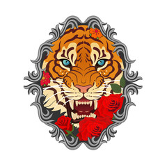 Tattoo design, tiger, wolf, fox face. Color illustration, shoulder, thigh, etc. work size