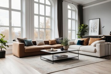 Modern Living Room with Large Windows, Leather Sofa, and Coffee Table