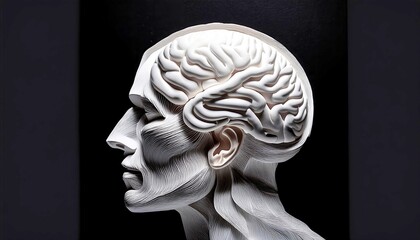 Obraz premium Sculptural Study of the Human Mind: A stark white 3D sculpture of a human head, showcasing the intricate details of the brain in a minimalist profile view.