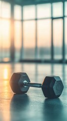 A single dumbbell resting on a gym floor with large windows letting in soft sunrise light, symbolizing fitness motivation.
