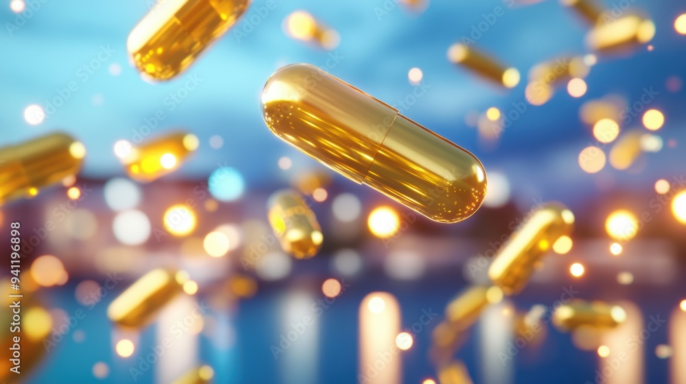 Poster shiny golden capsules floating in the air, surrounded by glowing bokeh lights, creating a futuristic