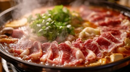 Fototapeta premium A close-up of a hot pot with an assortment of sliced meats and vegetables, showing the vibrant and fresh ingredients as they cook in the steaming broth.