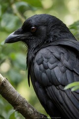 Naklejka premium A black crow is perched on a branch