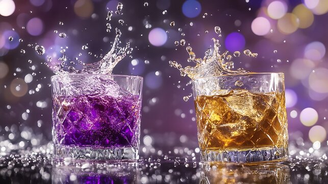 Elegant Whiskey Splash in Crystal Tumblers with Diamond Bokeh Background