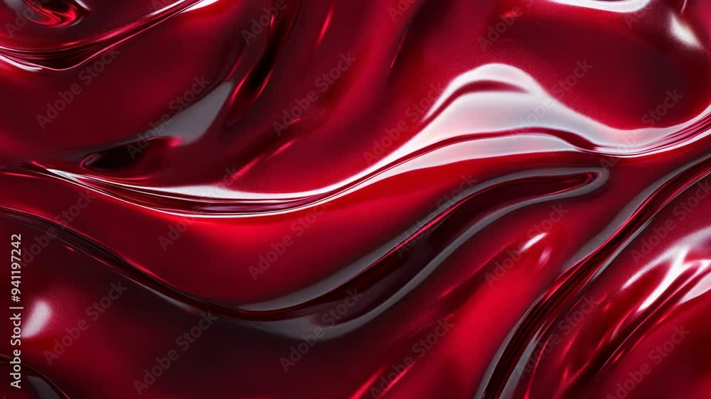Poster smooth flowing red liquid with glossy and reflective surfaces creating an abstract pattern