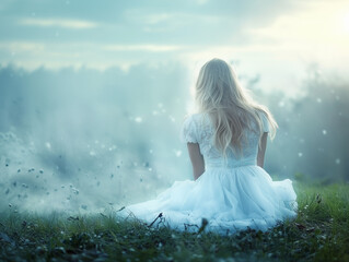 A young woman sitting alone in a soft, dreamlike landscape, her back turned as she gazes into the distance, embodying a feeling of yearning and peaceful reflection.
