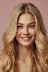 Fototapeta premium A woman with blonde hair and blue eyes is smiling