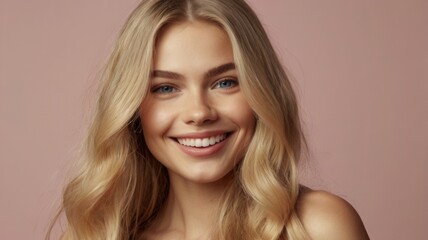 Naklejka premium A woman with blonde hair and blue eyes is smiling