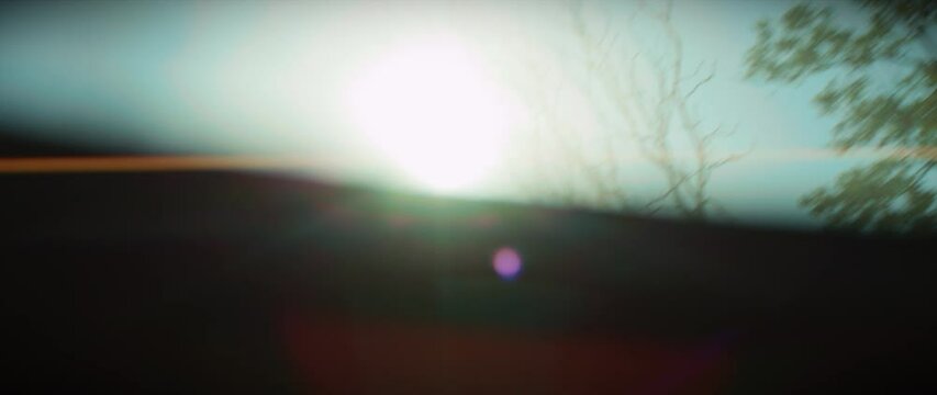 Close up view from car window on sunlight trees and blue sky outside the car on a summer day