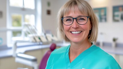 A smiling female dentist wearing turquoise scrubs and glasses stands confidently in her clinic, offering a welcoming and professional presence.