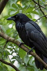Fototapeta premium A black crow is perched on a tree branch