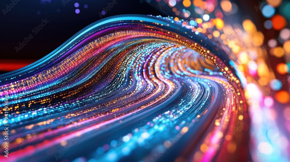 Poster a flowing wave of glowing particles in a vibrant spectrum of colors, representing data movement, tec