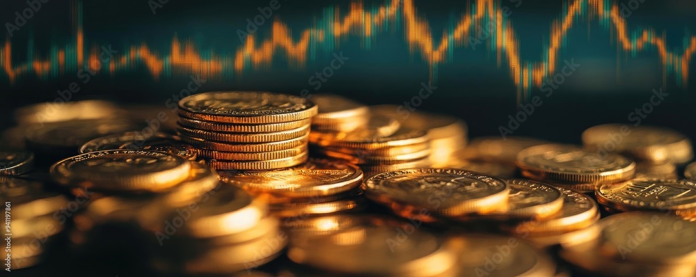 Poster a close-up view of stacked coins with a vibrant financial graph in the background, representing weal