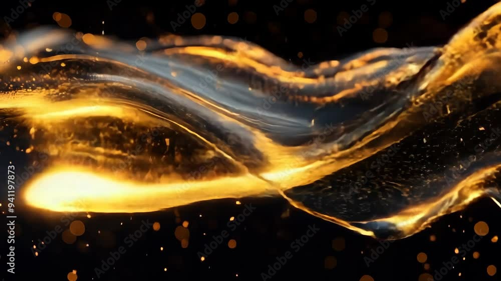 Wall mural golden fluid wave flowing through a dark background with glowing particles