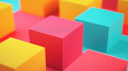 Vibrant foam cubes in red, yellow, and blue colors are arranged in a geometric pattern, creating a striking abstract visual.
