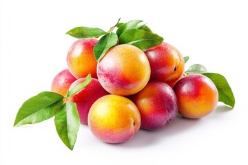 A pile of ripe, colorful plums with green leaves on a white background.
