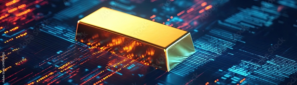 Poster A shining gold bar rests on a digital background, symbolizing wealth and technology in modern finance and investment.
