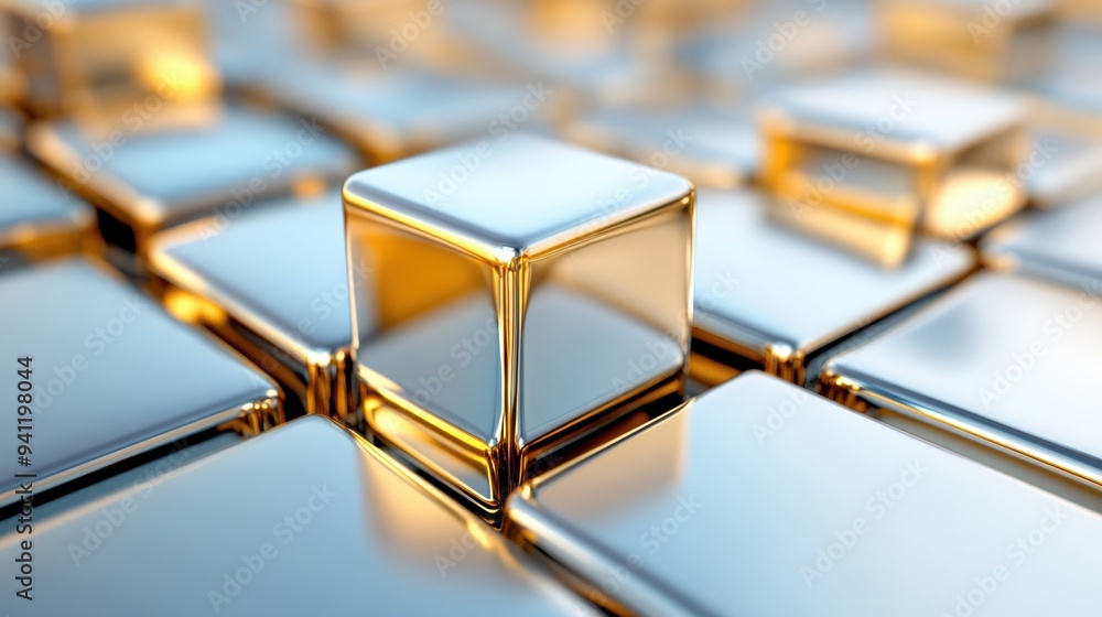 Poster close-up of reflective metallic cubes with a golden glow, creating a modern and abstract design with