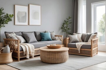Fototapeta premium Modern Living Room with Wicker Furniture and Minimalist Decor
