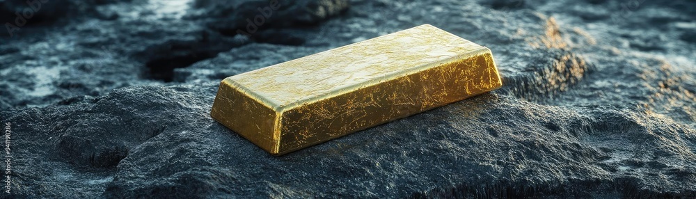 Poster A gleaming gold bar resting on a textured stone surface, symbolizing wealth and luxury in a stunning visual display.